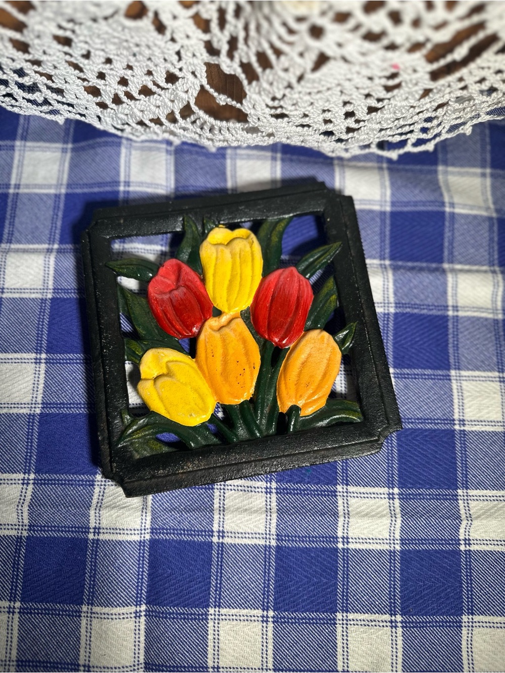 Cast iron- Handpainted Tulip Trivet - Red & Yellow Floral Cast Iron